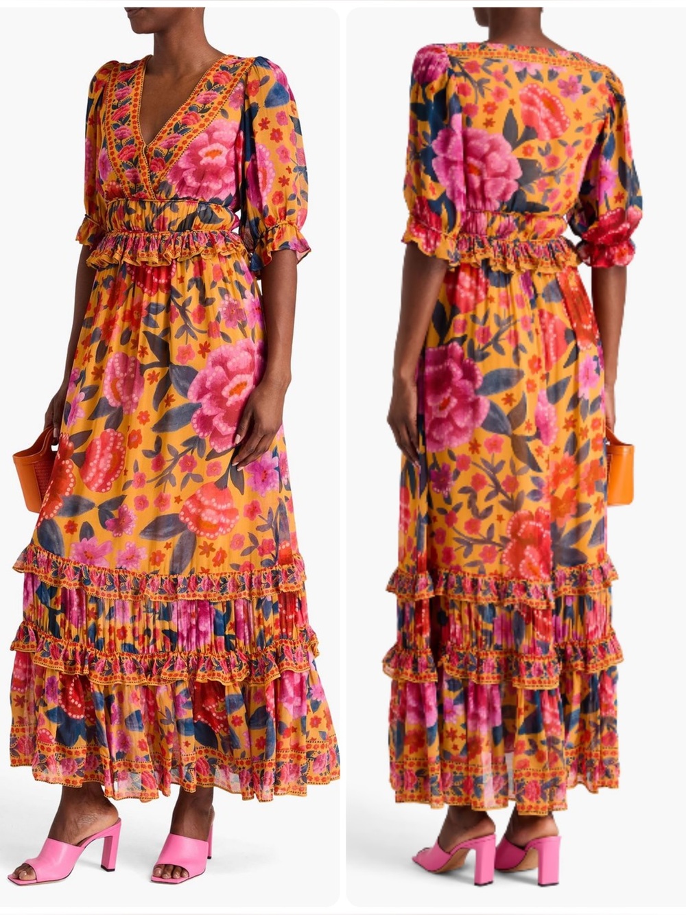 FARM Rio Ruffled Floral Print Georgette Maxi Dress Marigold XL NWOT - Picture 2 of 16
